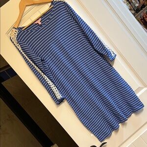 Lilly Pulitzer Blue & White Striped Midi Dress with Lace Trim